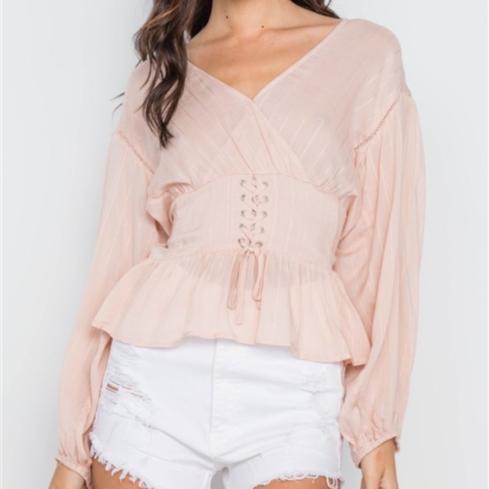 Blush Long Sleeve Lace Up Surplice Neck Top